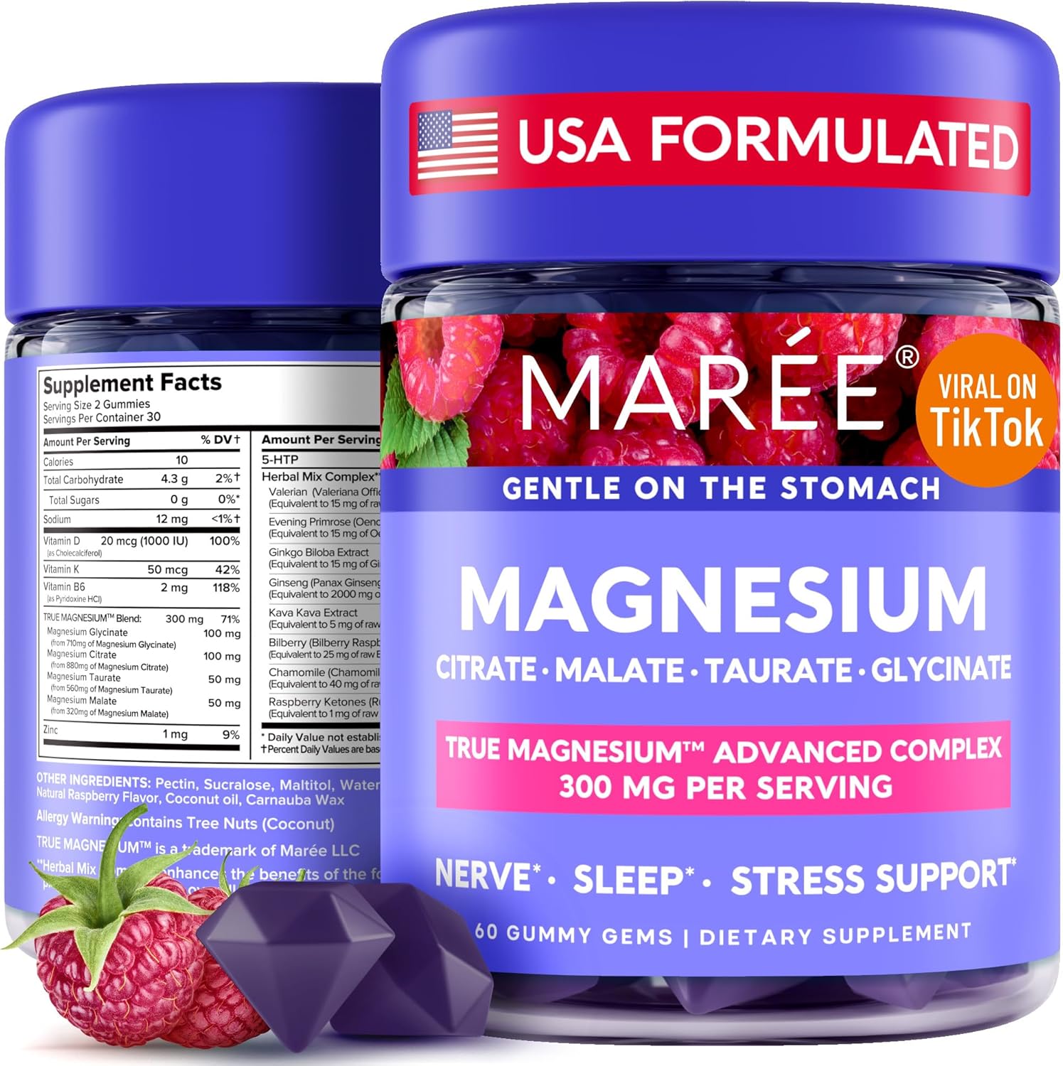 Maree Magnesium Gummies For Calm & Relax - Vitamin D3, K2 & B6 Complex With Magnesium Glycinate, Citrate, Taurate & Malate For Immune System Support, 60 Gummy Gems