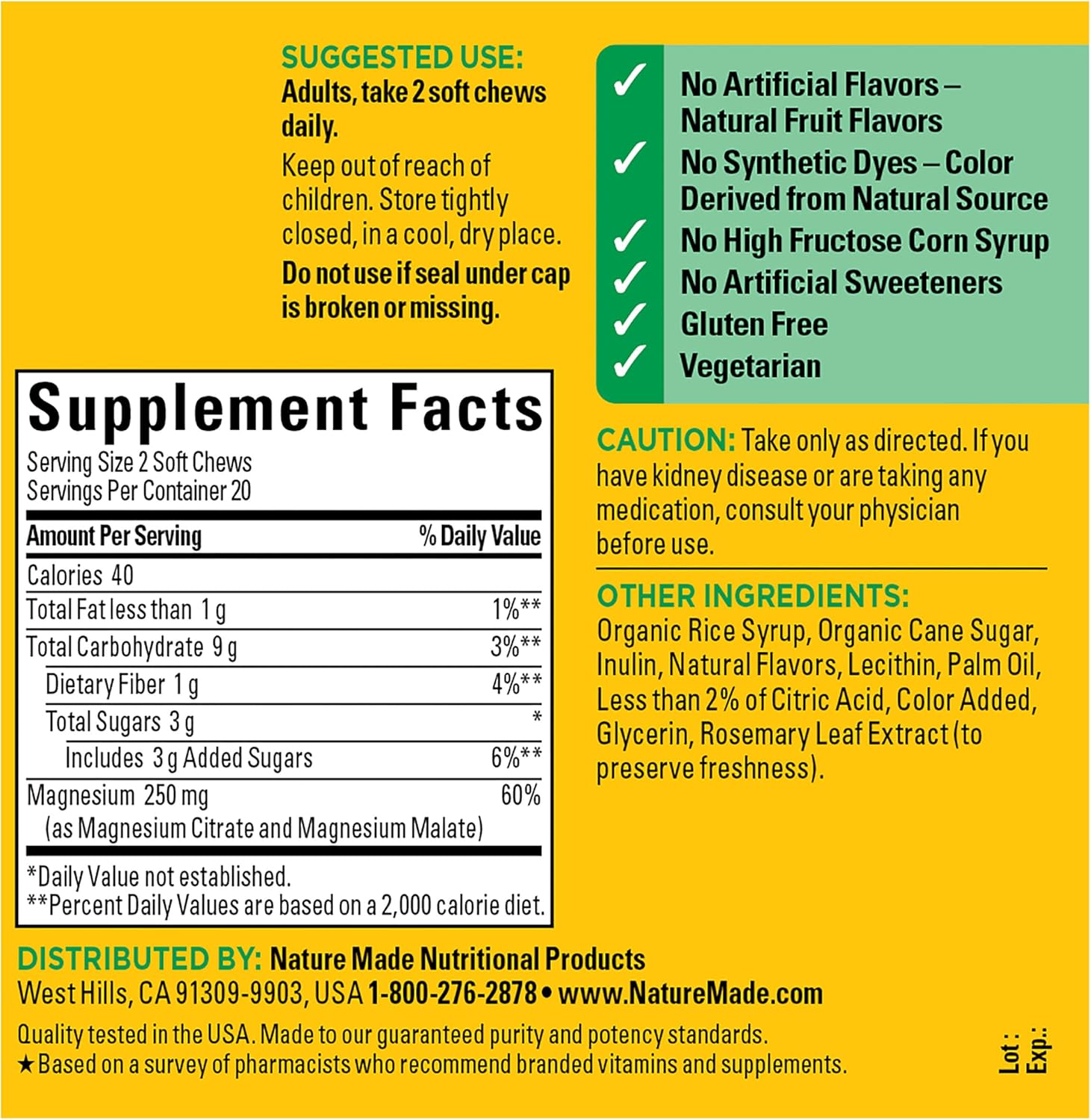 Nature Made High Absorption Magnesium Complex Soft Chews, Magnesium Supplement For Muscle, Heart, Bone Support, Magnesium Citrate & Malate Blend 250 Mg Per Serving, 40 Vegetarian Chews, 20 Day Supply