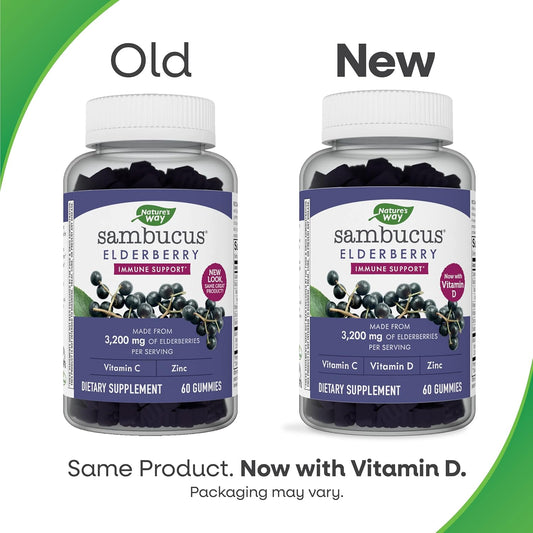 Nature's Way Sambucus Elderberry Gummies, With Vitamin C, Vitamin D and Zinc, Immune Support for Kids and Adults*, 60 Gummies
