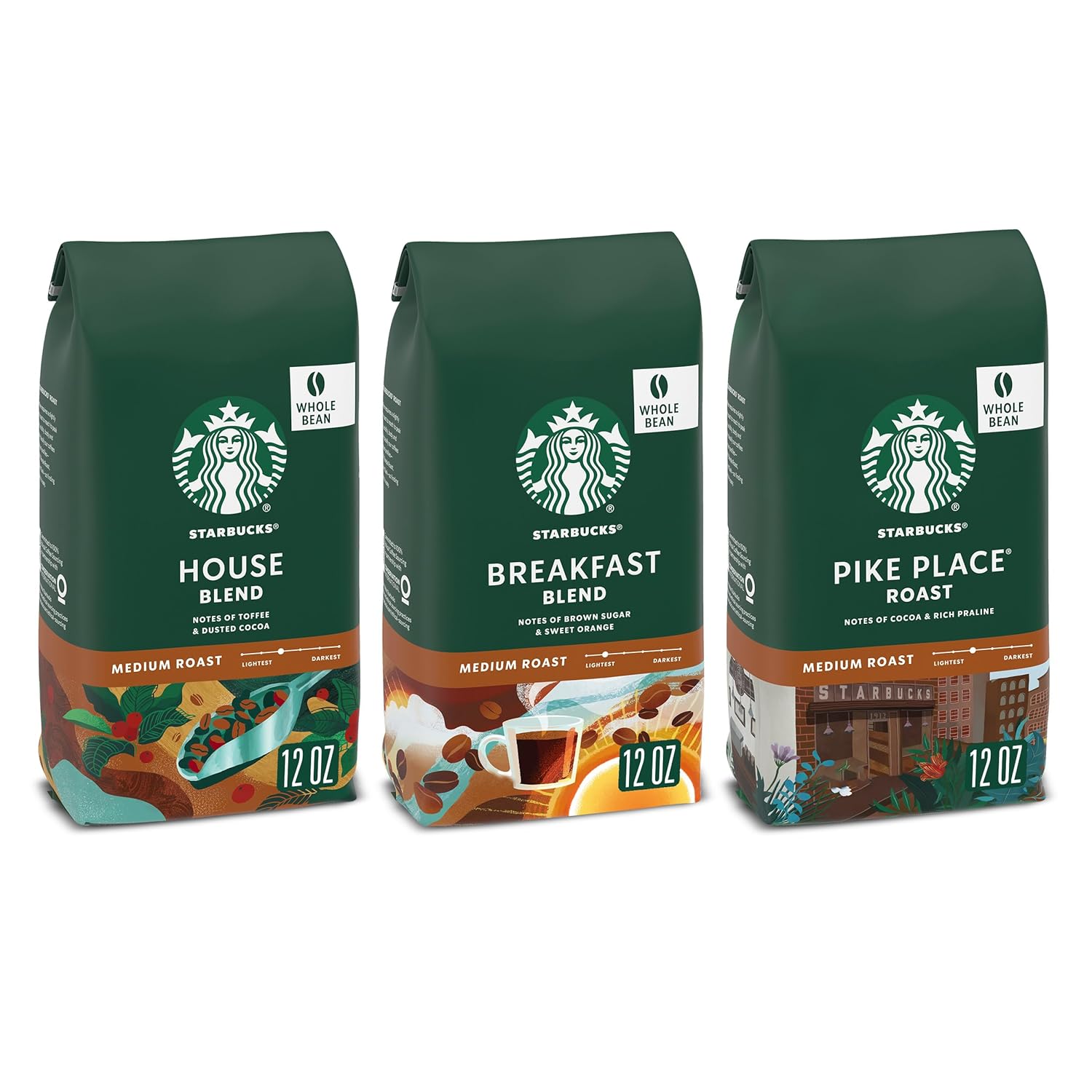 Starbucks Medium Roast Whole Bean Coffee, Variety Pack, 3 Bags (12 Oz Each)
