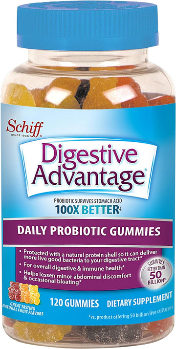 Digestive Advantage Probiotic Gummies For Digestive Health, Daily Probiotics For Women & Men, Support For Occasional Bloating, Minor Abdominal Discomfort & Gut Health, 120Ct Natural Fruit Flavors