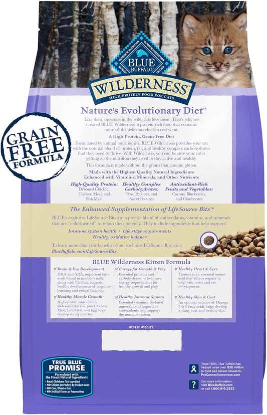 Blue Buffalo Wilderness Natural Kitten Dry Cat Food, With Dha And Ara To Support Brain And Eye Development, High-Protein And Grain-Free Diet, Chicken, 5-Lb. Bag