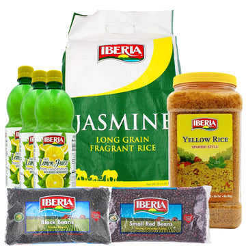 Pantry Essentials Bundles - Iberia Jumbo Yellow Rice 6.25lb., Iberia Jasmine Rice, 18 lb., Iberia Lemon Juice 32 oz. (Pack of 3), Iberia Black Beans 4 lb., Iberia Small Red Beans, 4 lb. : Grocery & Gourmet Food