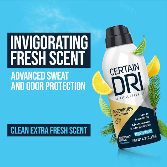 Certain Dri Prescription Strength Clinical Antiperspirant Deodorant Dry Spray, Hyperhidrosis Treatment For Men & Women, Long-Lasting 72Hr Protection, Whole Body Deodorant, Extra Fresh Scent, 4.2Oz