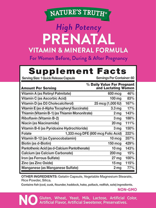 Prenatal Vitamins With Folic Acid | 60 Capsules | Non-Gmo & Gluten Free Supplement | By Nature'S Truth