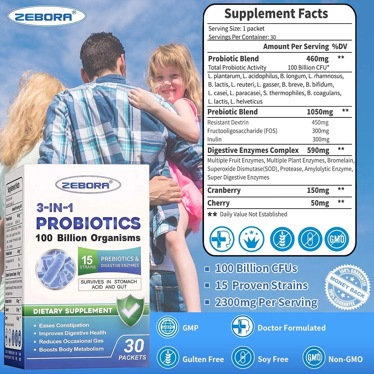 ZEBORA Probiotics for Adult 100 Billion CFU with Prebiotics and Enzymes, Probiotic Powder for Women, Men, Kids, Shelf Stable Probiotic Supplement for Digestive Health : Health & Household