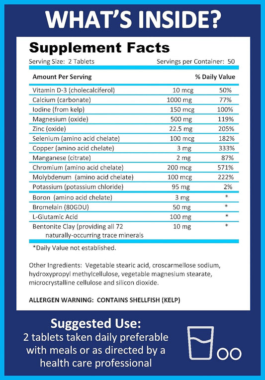 2-Pack Mega Mineral Supplement Complete Mineral Complex with Calcium Magnesium Zinc Potassium Boron Selenium Chromium & 72 Trace Minerals Iron Free Calcium Supplement -200 Pills