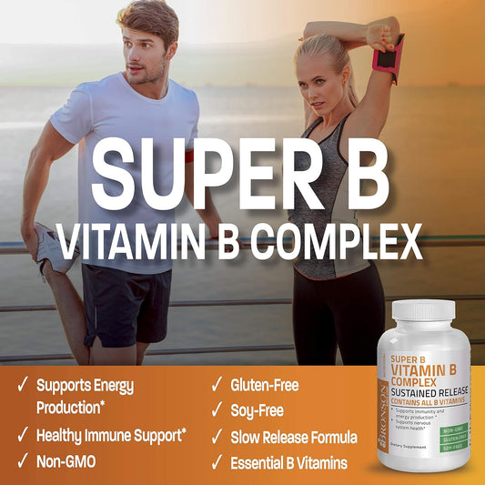 Bronson Super B Vitamin B Complex Sustained Slow Release (Vitamin B1, B2, B3, B6, B9 - Folic Acid, B12) Contains All B Vitamins 100 Tablets