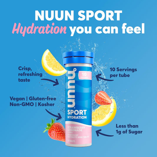 Nuun Sport Electrolyte Tablets - Dissolvable In Water, Strawberry Lemonade Flavor | 5 Essential Electrolytes For Hydration | 1G Sugar Drink Mix | Vegan, Non Gmo | 10 Count 4 Pack (40 Total Servings)