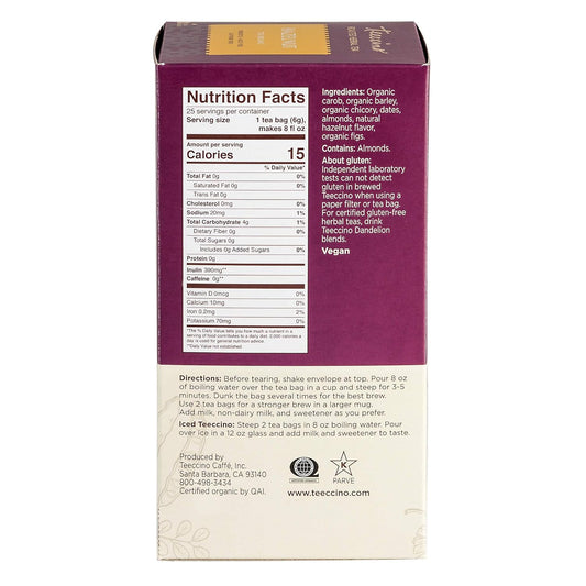 Teeccino Hazelnut Herbal Tea - Rich & Roasted Herbal Tea That’S Caffeine Free & Prebiotic For Natural Energy, 25 Tea Bags