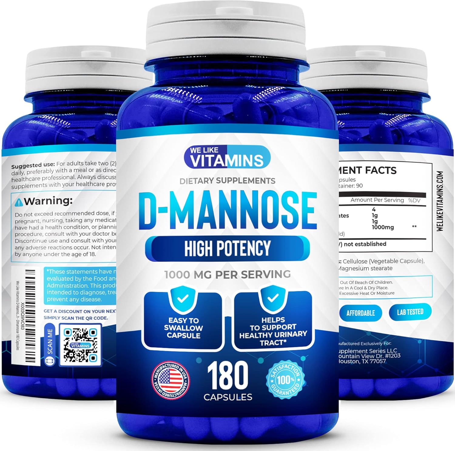 We Like Vitamins D-Mannose Capsules 1000Mg Per Serving - 180 Easy To Swallow Veggie Capsules - Cranberry D Mannose Supplement Helps Support Bladder And Urinary Tract Health