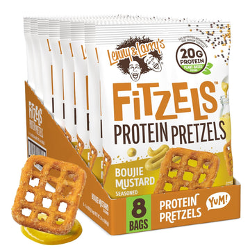 Lenny & Larry'S Boujie Mustard Fitzels- Savory Pretzel Snacks Incredibly Tasty, High Protein, Salty, Vegan, Kosher 20 G'S Of Plant Based Protein 8 (Eight) Bags, 3 Oz Each