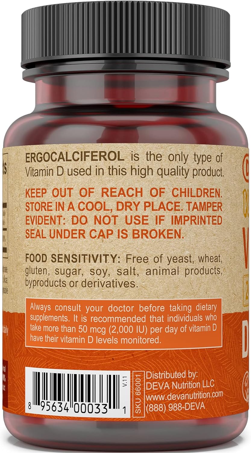 DEVA Vegan Vitamin D2 60 mcg 2400 IU, Ergocalciferol Supplement with No Animal Ingredients, 90 Tablets : Health & Household