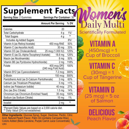 Womens Complete Daily Multivitamin Gummy with Vitamin A, C, D, E, B6, B-12, Biotin & Calcium, Immune Health Support, Womens Multivitamin Gummies, Peach Flavored Daily Vitamins for Women - 60 Gummies