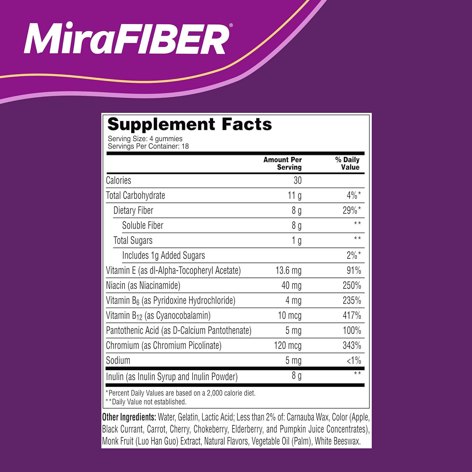 MiraLAX: MiraFIBER Gummies, 8g of Daily Prebiotic Fiber with B Vitamins to Support Digestive Health and Metabolism, Fruit Flavored Fiber Gummies, 72 Count