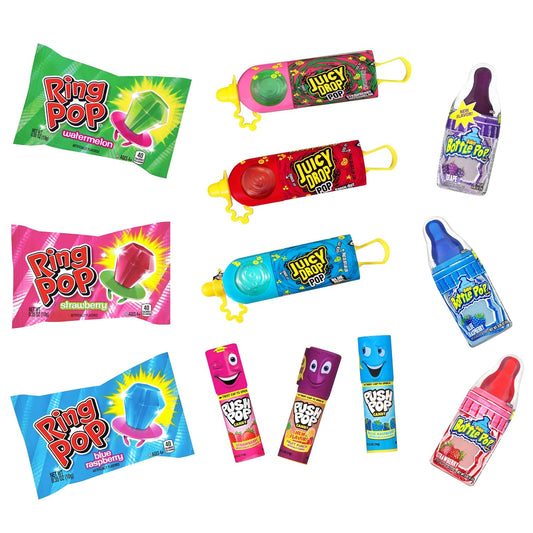 Candy Variety Pack - 18 Count Assorted Lollipops - Ring Pop, Push Pop, Baby Bottle Pop & Juicy Drop - Ideal For Birthdays, Party Favors, Celebrations & Candy Gifts By Bazooka Candy Brands