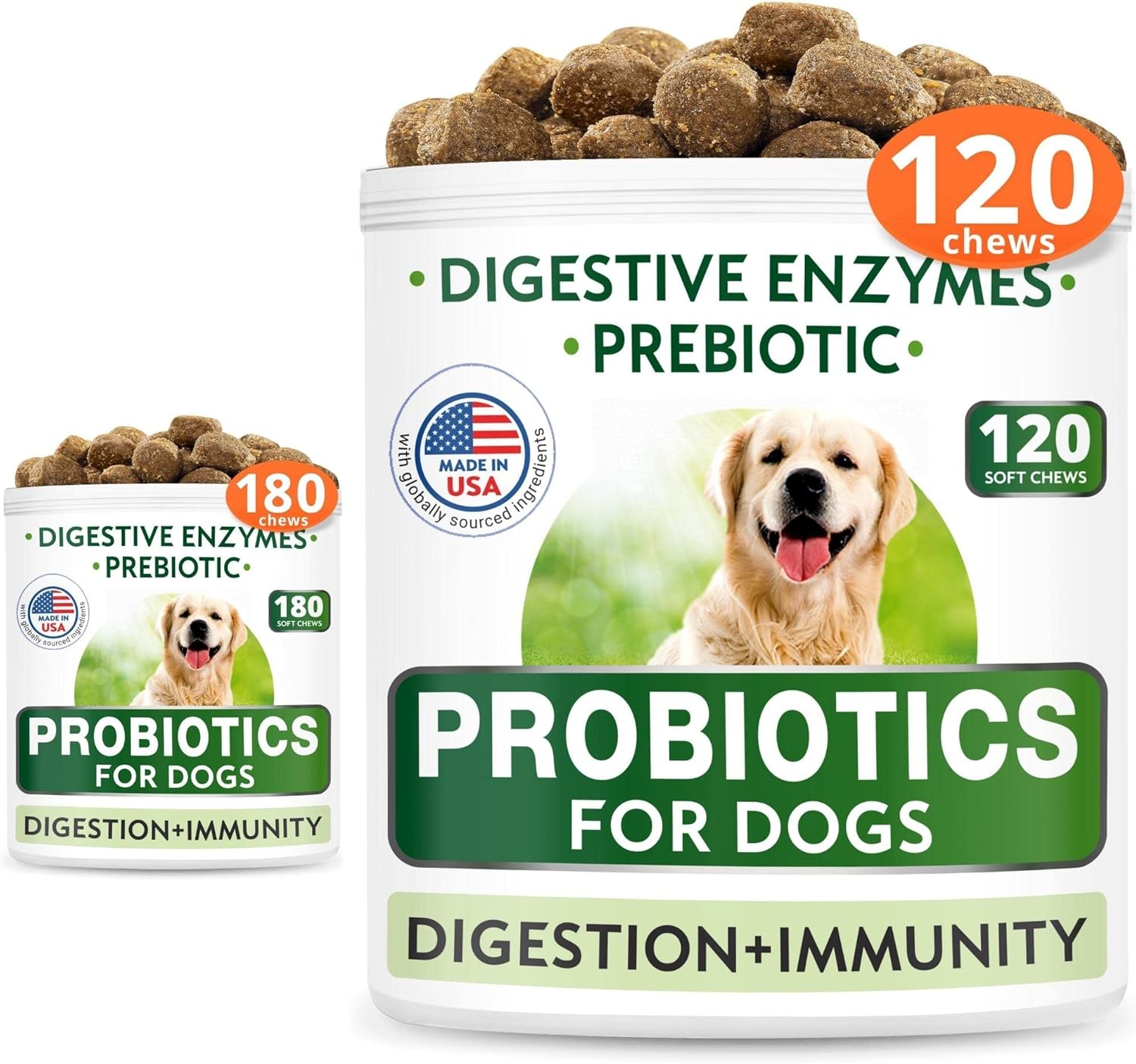 Dog Probiotics Chews Bundle - Gas, Diarrhea, Allergy, Constipation, Upset Stomach Relief, With Digestive Enzymes + Prebiotics - Chewable Fiber Supplement - Improve Digestion, Immunity - 300 Soft Chews