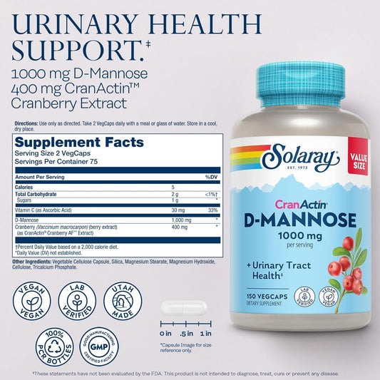 Solaray D-Mannose With Cranactin Cranberry Supplement 400Mg, Urinary Tract Health & Bladder Support Capsules With Vitamin C, Vegan, 60 Day Guarantee, 75 Servings, 150 Vegcaps