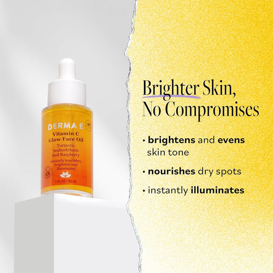 Derma E Vitamin C Glow Face Oil, Facial Oil Nourishes, Brightens And Illuminates For A Radiant Glow, Moisturizing Face Oil With Turmeric, Seabuckthorn And Red Raspberry, 1 Fl Oz
