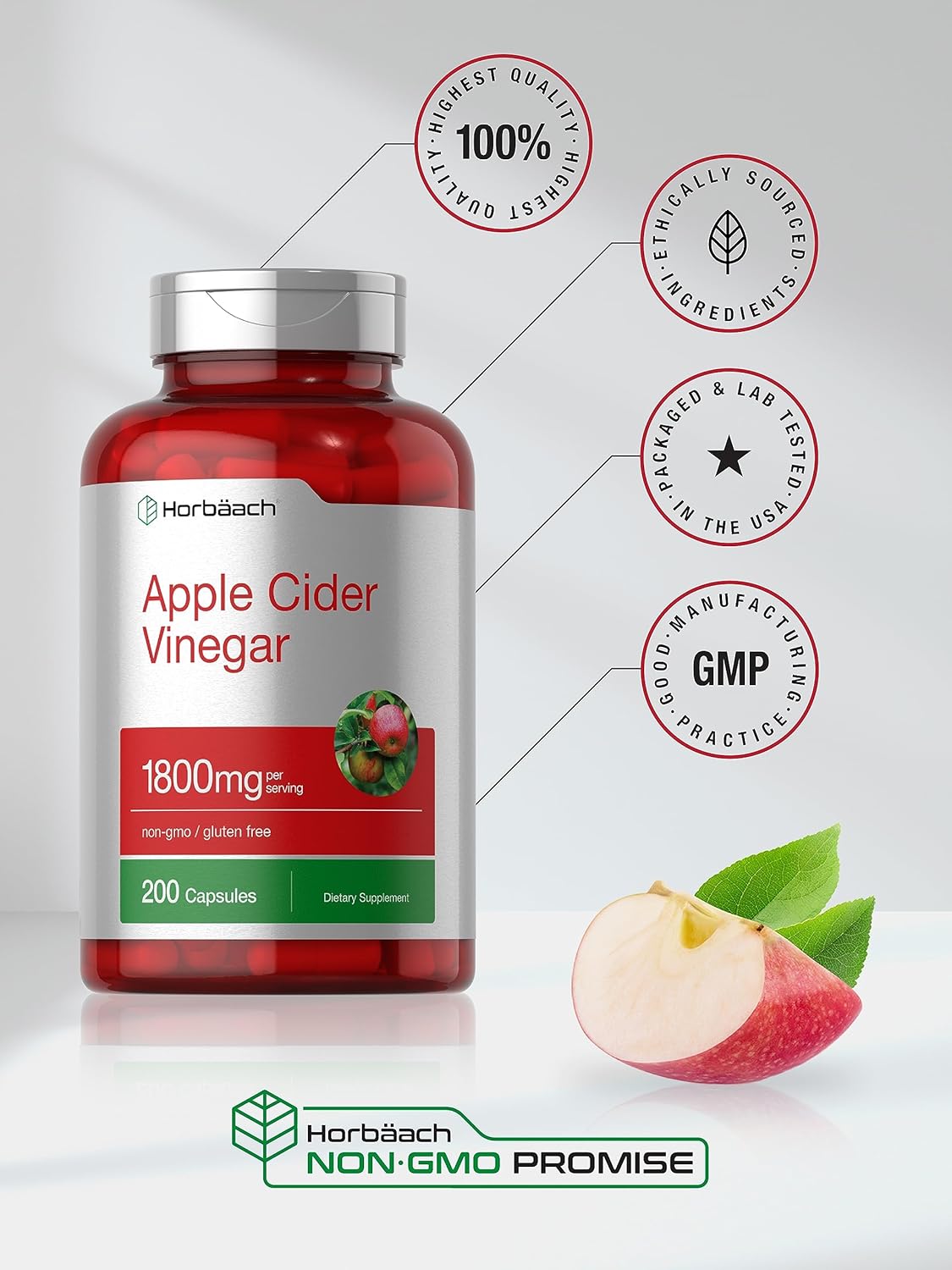 Horbäach Apple Cider Vinegar Capsules | 1800mg | 200 Pills | Non-GMO, Gluten Free Supplement