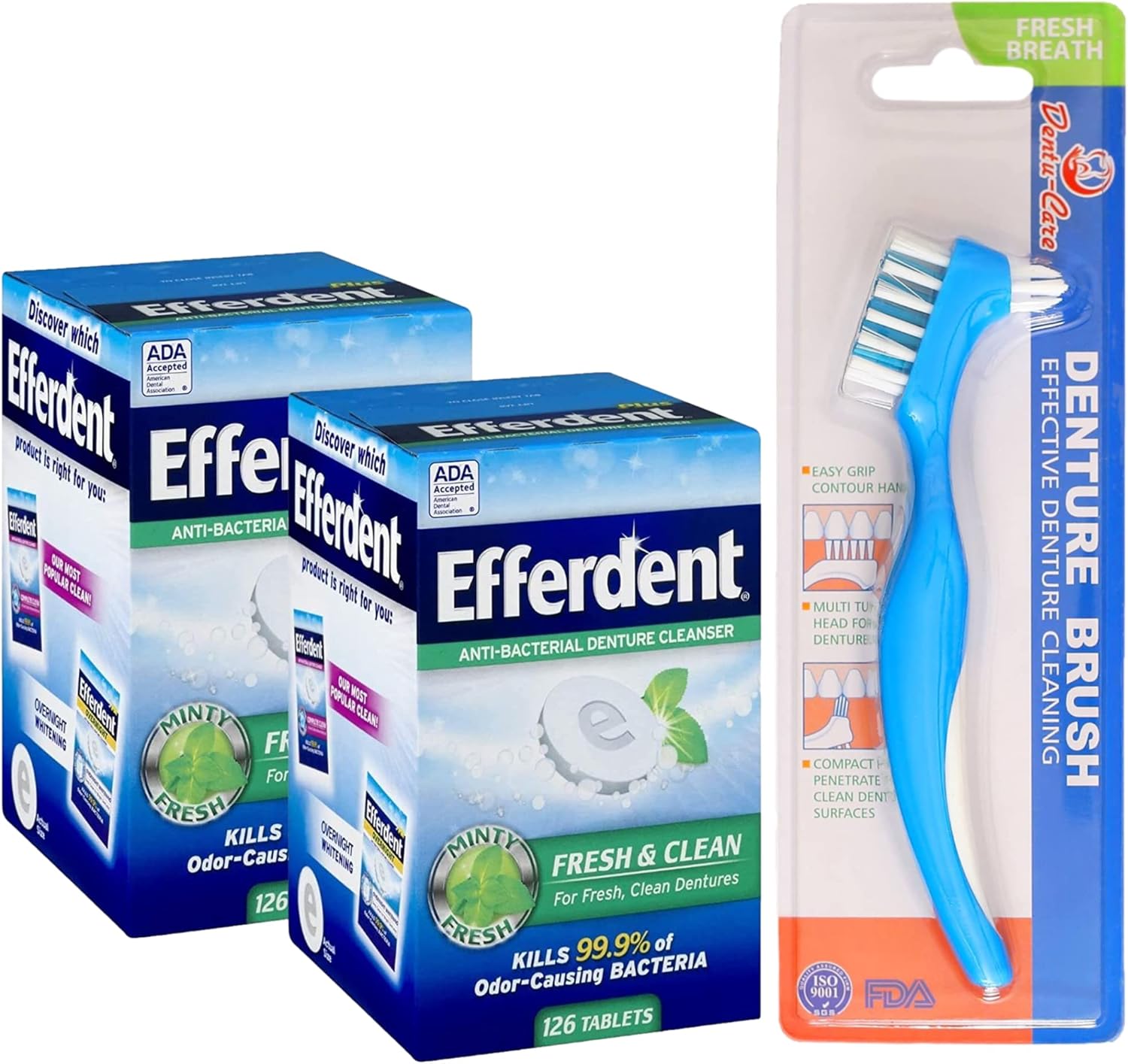 Efferdent Mint Fresh and Clean Denture Cleanser, 252 Tablets Bundle with Bundle with Dentu-Care Denture Brush Specifically Designed to Gently Clean Hard to Reach Areas for Full Partial Dentures