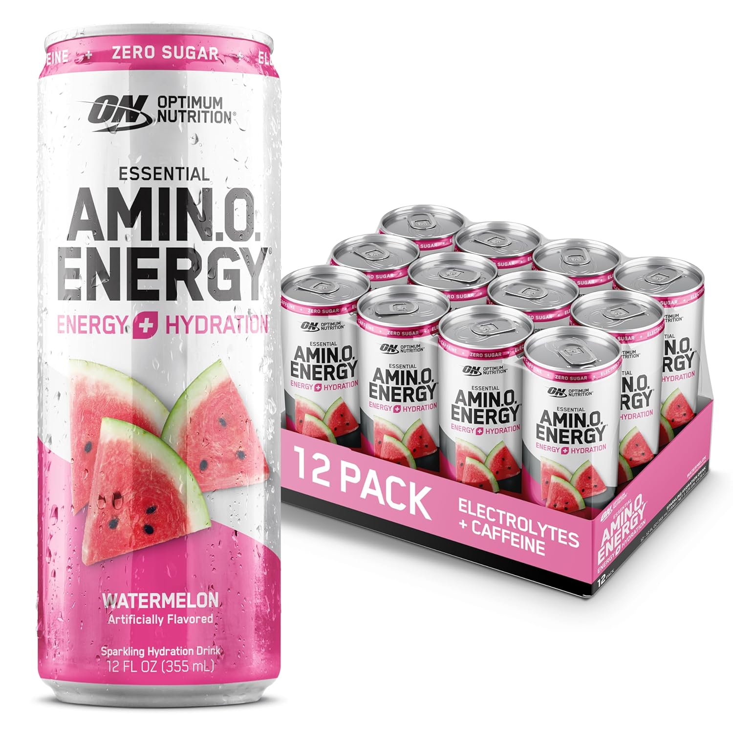 Optimum Nutrition Amino Energy Sparkling Hydration Drink, Electrolytes, Caffeine, Amino Acids, Bcaas, Sugar Free, Watermelon, 12 Fl Oz, 12 Pack (Packaging May Vary)