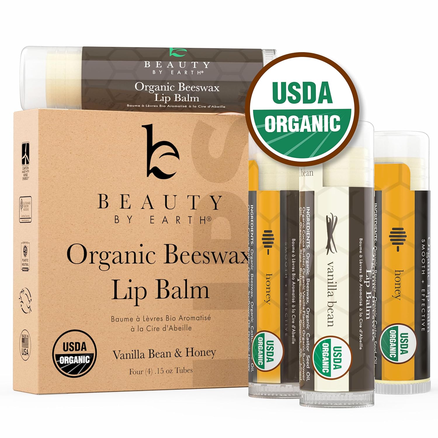 Organic Lip Balm - 4 Pack Organic Gifts for Women, Vanilla Bean & Honey All Natural Lip Balm Birthday Day Gifts for Her, Lip Balm Hydrating Beauty Gifts for Adults, Women, Men & Teens, Lip Moisturizer