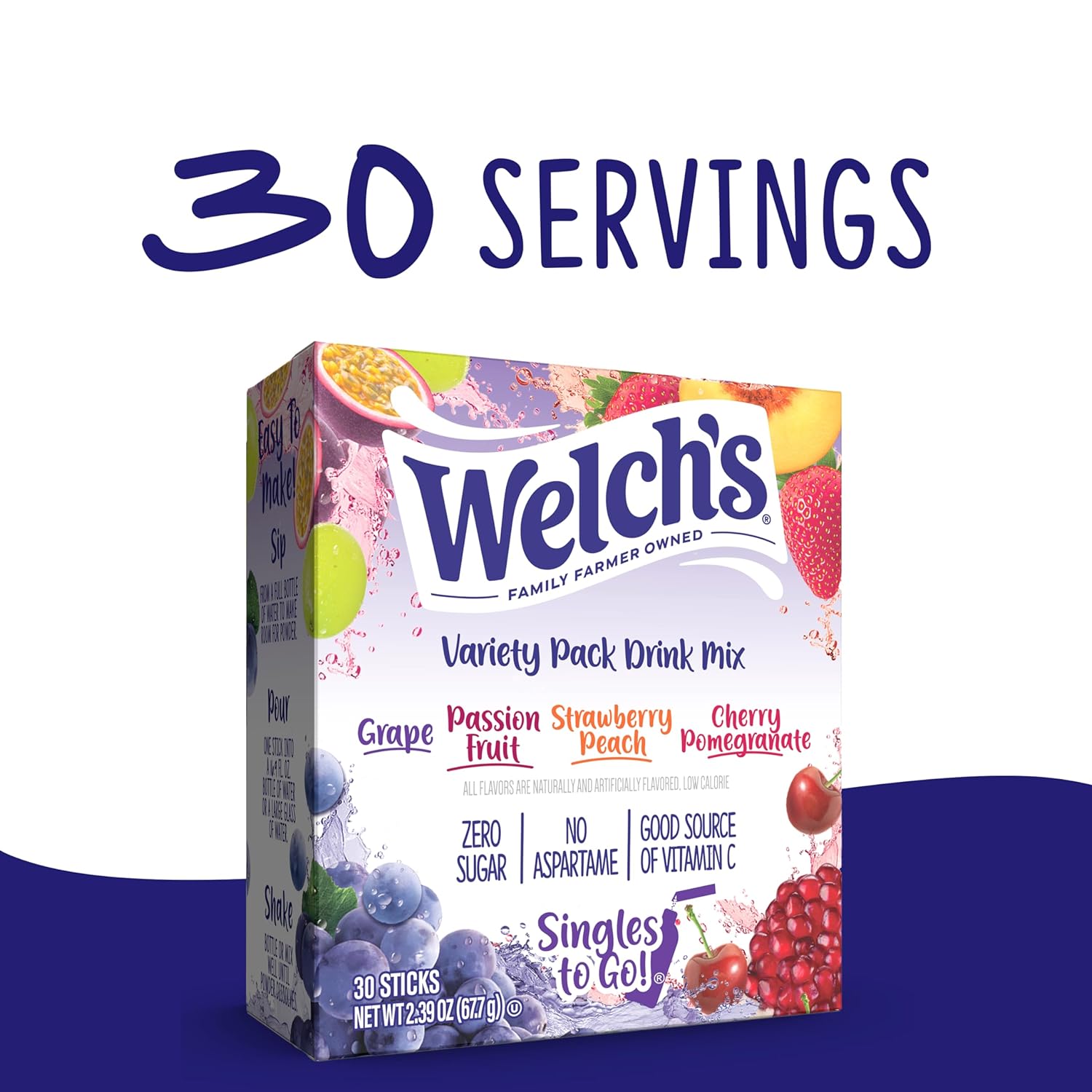 Welch'S Singles To Go Variety Pack, Watertok Powdered Drink Mix, Includes 4 Flavors, Grape, Passion Fruit, Strawberry Peach, Cherry Pomegranate, 1 Box (30 Servings)