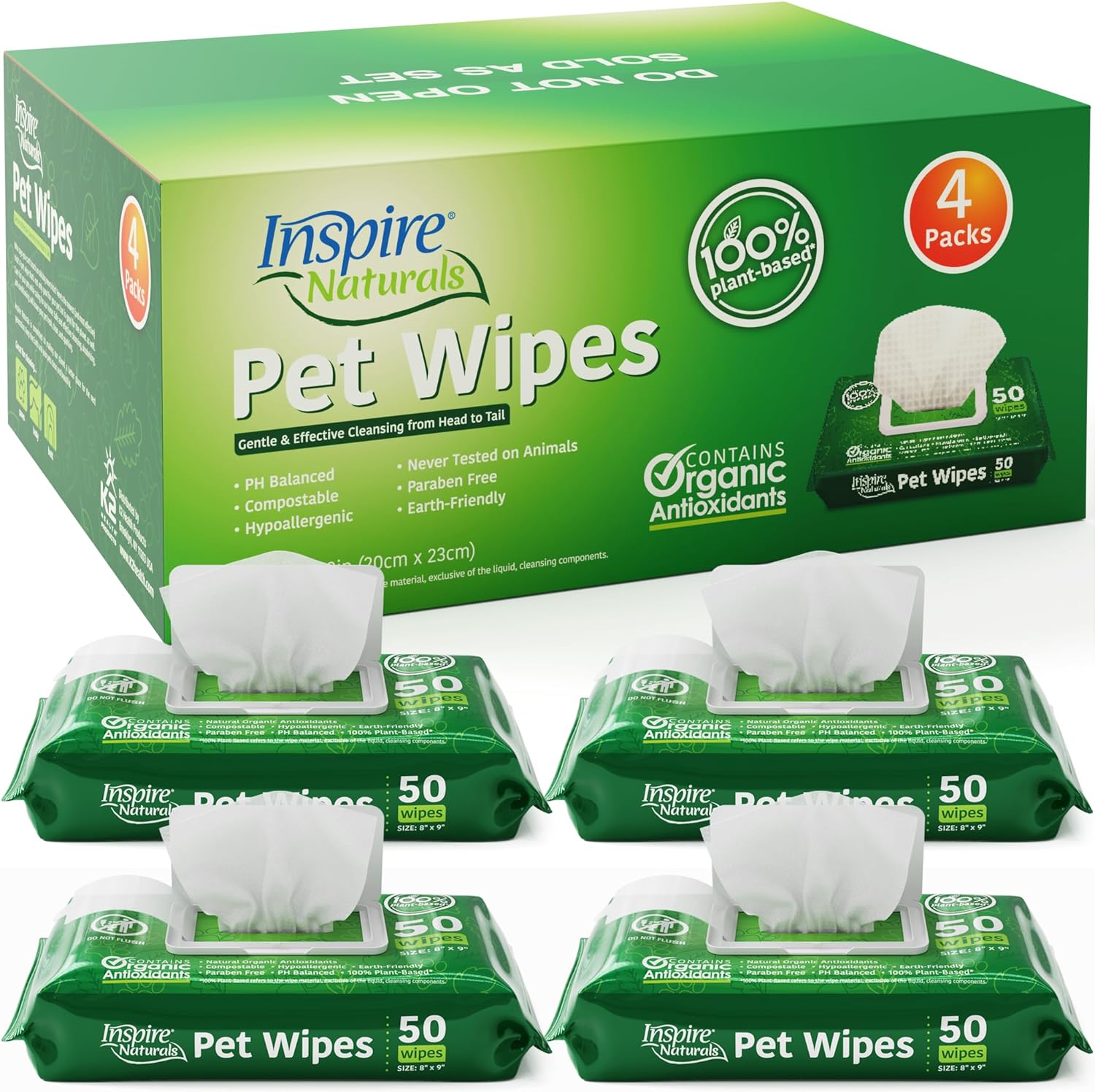 Inspire Naturals Pet Wipes for Dogs and Cats 100% Natural Plant Based with Organic Antioxidants, Dog Wipes Cleaning Deodorizing Cat Wipes | Puppy Wipes | Dog Wipes for Paws and Butt (200ct - 4 Pack)
