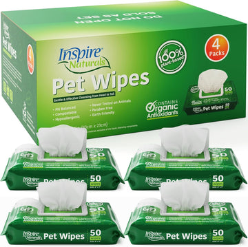 Inspire Naturals Pet Wipes For Dogs And Cats 100% Natural Plant Based With Organic Antioxidants, Dog Wipes Cleaning Deodorizing Cat Wipes | Puppy Wipes | Dog Wipes For Paws And Butt (200Ct - 4 Pack)