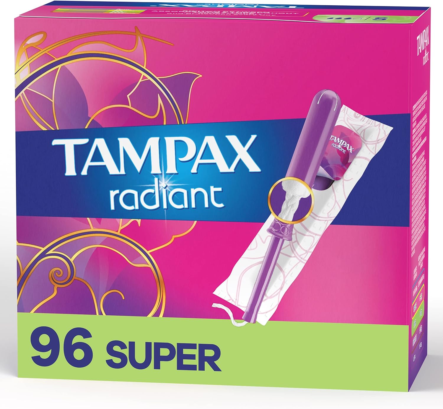 Tampax Radiant Tampons Super Absorbency, 96 Count, BPA Free Plastic Applicator and LeakGuard Braid, Unscented, White, 96 Count