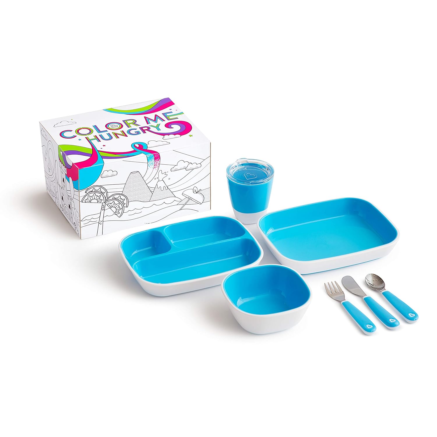 Munchkin® Color Me Hungry 7Pc Toddler Feeding Supplies Set, Includes Plates, Bowl, Open Cup And Utensils In A Gift Box, Blue