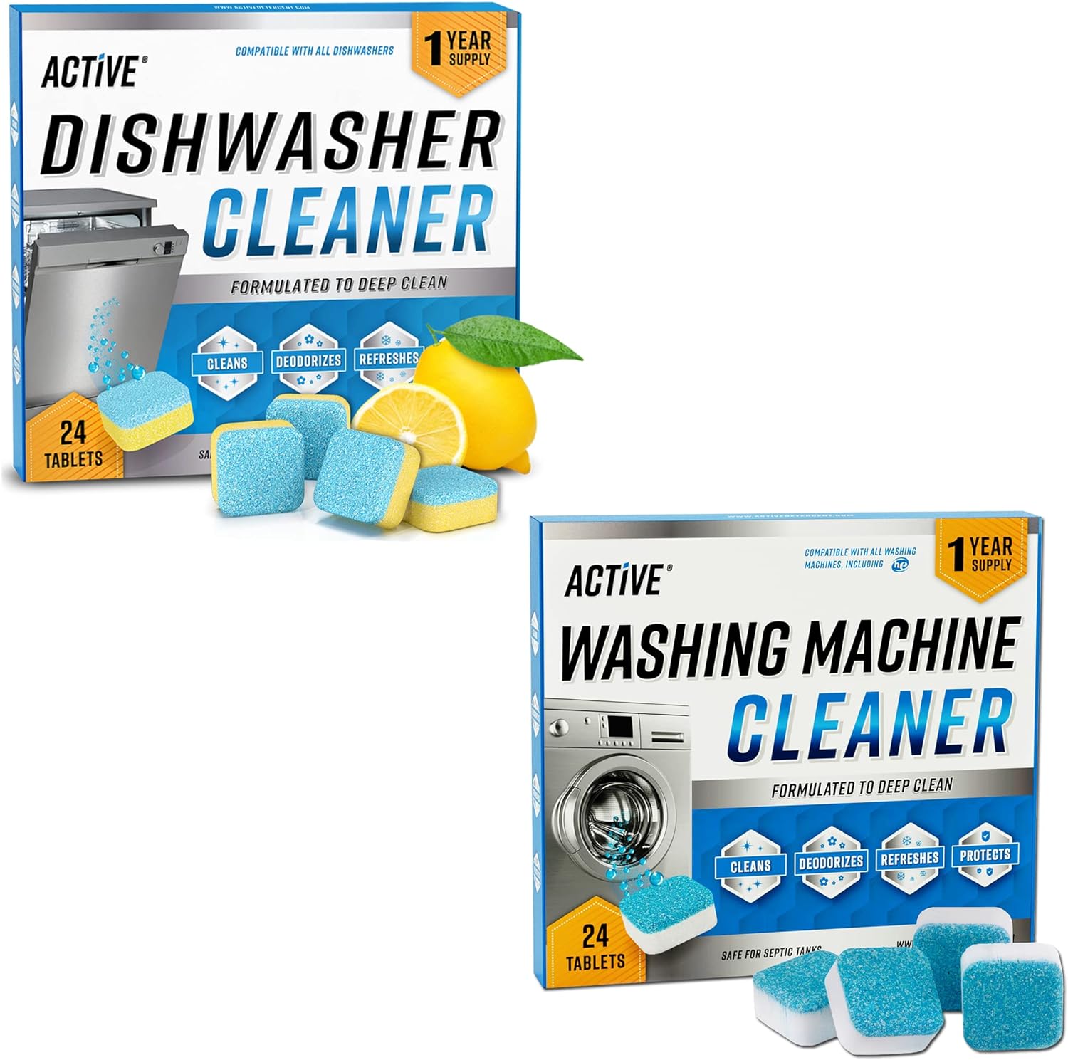 Active Washing Machine And Dishwasher Cleaning Tablets Bundle - Includes 12 Month Supply Dishwasher Cleaner Deodorizer & Washing Machine Descaler Deep Cleaning Tablets - 48 Tablet Set