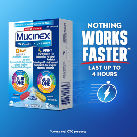 Mucinex Fast-Max Day Cold And Flu & Nightshift Night Severe Cold And Flu Medicine For Adults, Day/Night Combo Pack For Fever, Sore Throat Relief, Decongestant, Cough & Cold Medicines, 40 Caplets