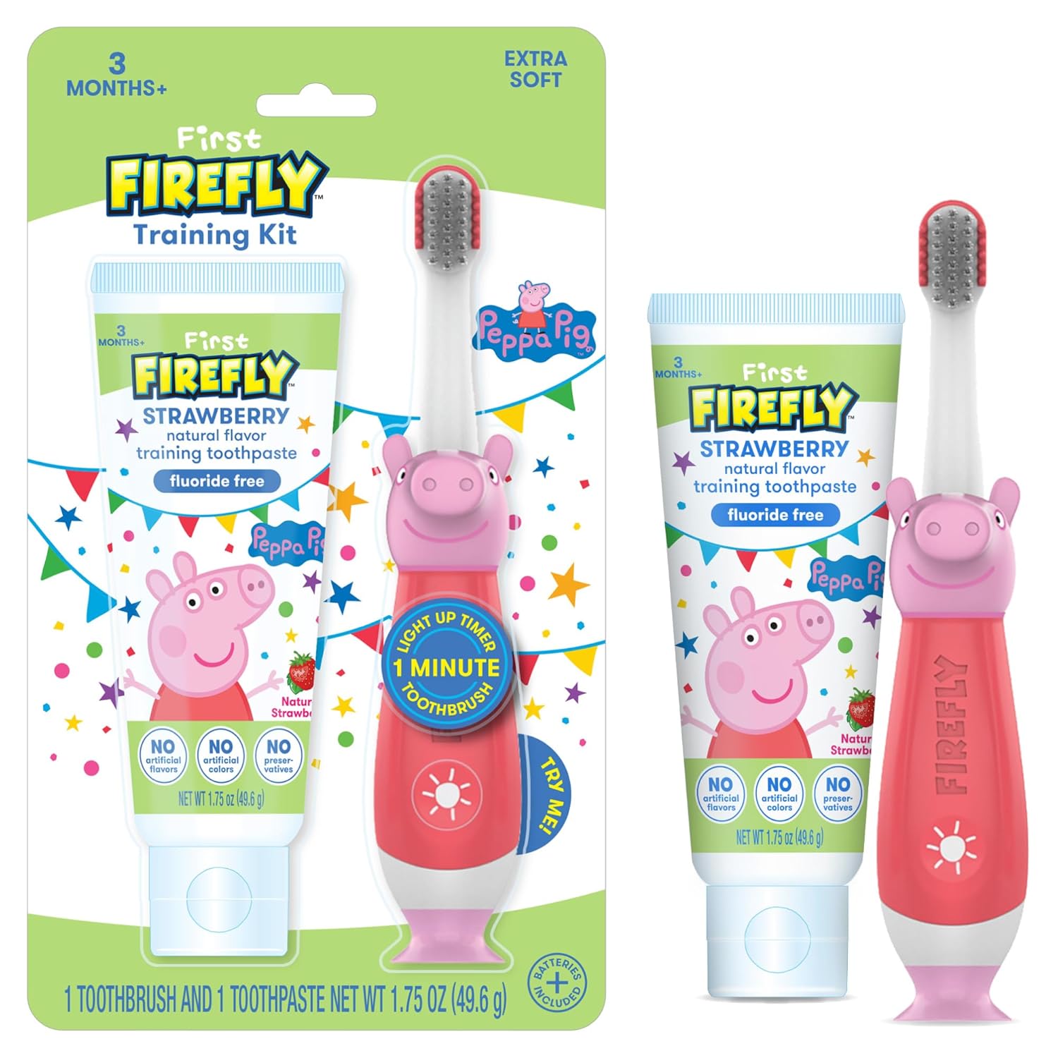Firefly First Peppa Pig Training Kit, Light Up Toothbrush With Extra Soft Bristles And Natural Strawberry Flavor Training Toothpaste, 1.75 Oz