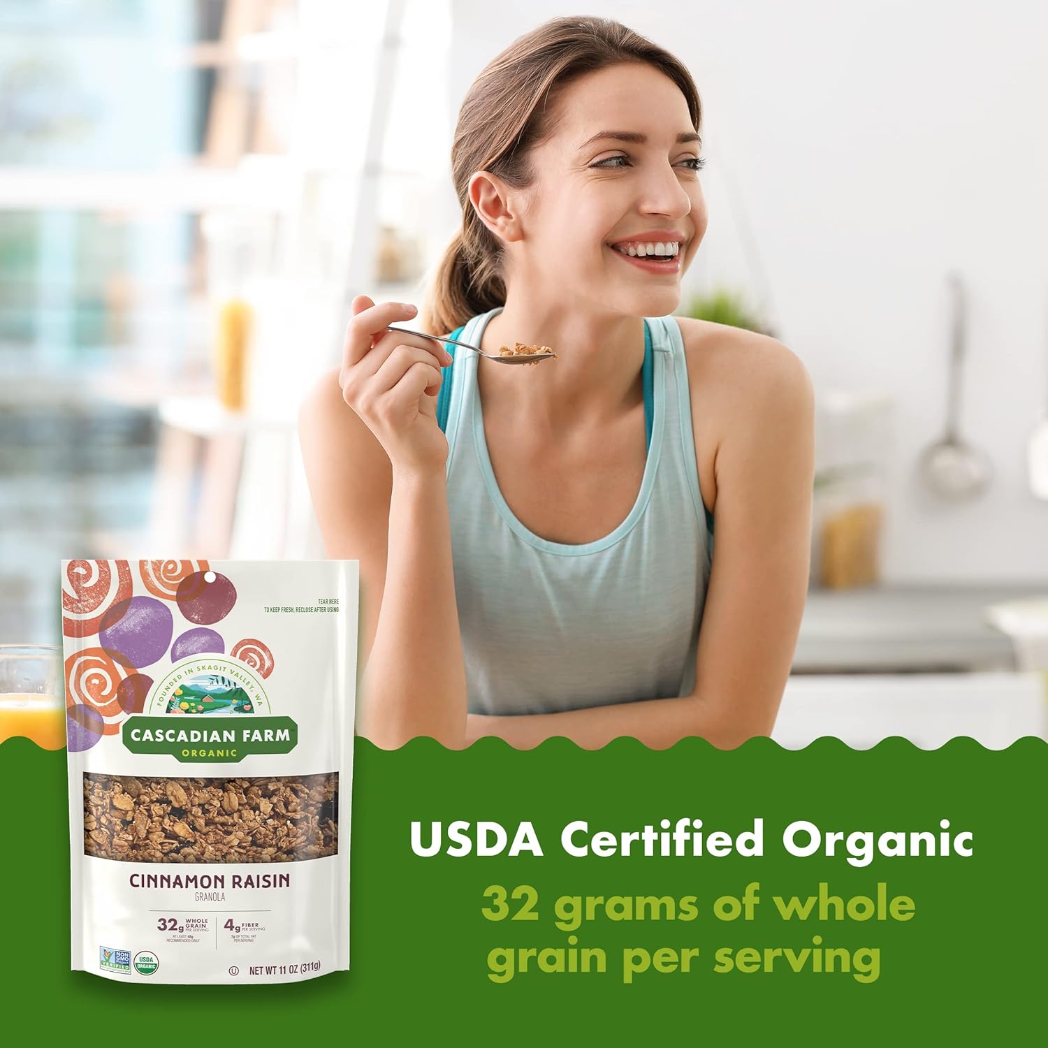 Cascadian Farm Organic Granola, Cinnamon Raisin Cereal, Resealable Pouch, 11 oz : Grocery & Gourmet Food