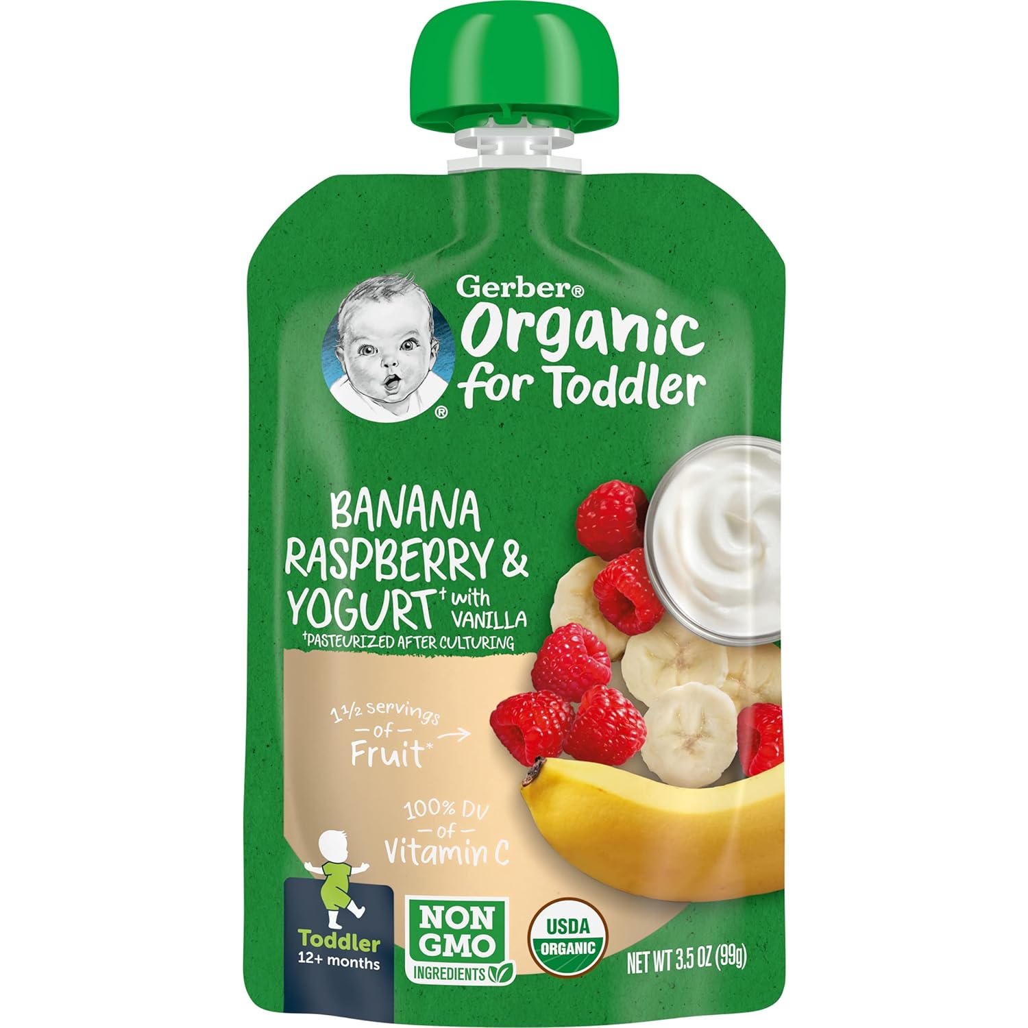 Gerber Purees Organic Banana Raspberry Yogurt Vanilla Toddler Baby Food Pouches, 3.5 oz