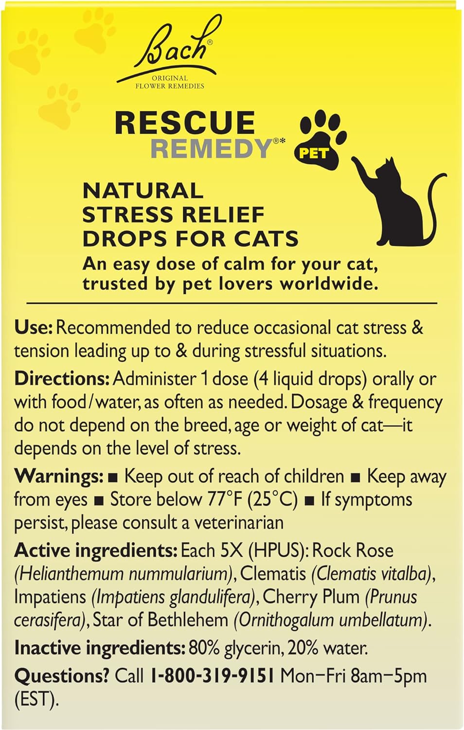 Bach RESCUE REMEDY PET for Cats 10mL, Natural Calming Drops, Stress Relief for Cats & Kittens Caused by Loud Noises, Travel, New Pets & People, Homeopathic Flower Remedy : Pet Supplies