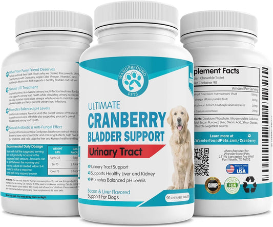 Wanderfound Pets Ultimate Cranberry Bladder Uti Support Supplement For Dogs - Dog Urinary Tract Infection Incontinence Formula With Cordyceps Mushroom - Bacon & Liver Flavor - 90 Chewable Tablets