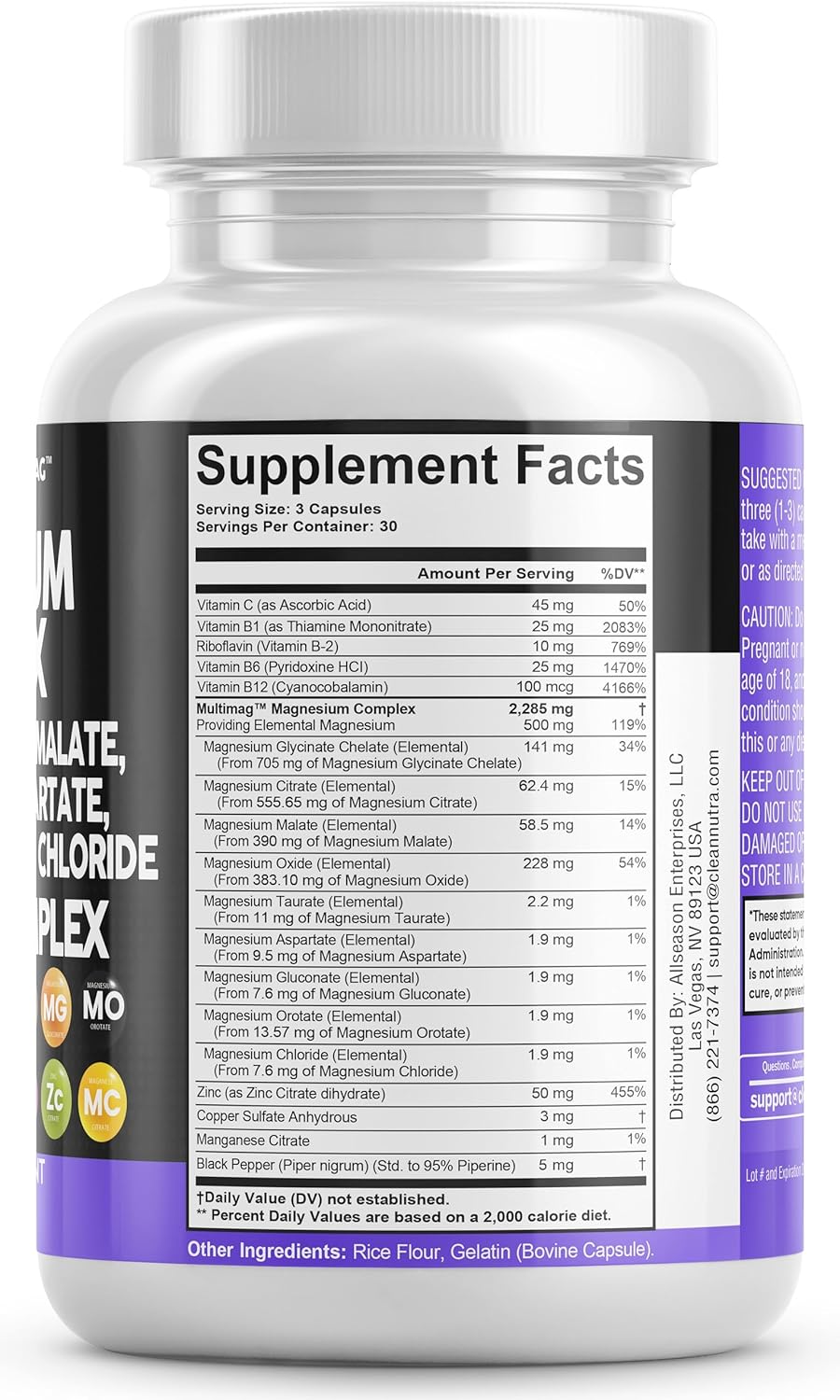 Magnesium Complex 2285mg with Magnesium Glycinate Citrate Malate Oxide Taurate Aspartate Gluconate Orotate & Mag Chloride, Zinc Copper Manganese & Vitamin C B1 B2 B6 B12 Complex - 90 Count : Health & Household
