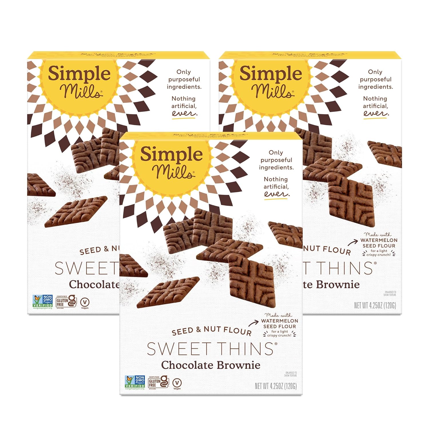 Simple Mills Sweet Thins Cookies, Seed And Nut Flour, Chocolate Brownie - Gluten Free, Paleo Friendly, Healthy Snacks, 4.25 Ounce (Pack Of 3)