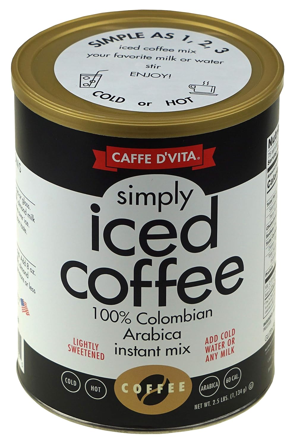 Caffe D’Vita Simply Iced Coffee - 100% Colombian Arabica Instant Mix, Latte Mix, Low Calorie Iced Coffee, Lightly Sweetened, Dairy Free, Instant Coffee Drink - 2.5 Lb Can