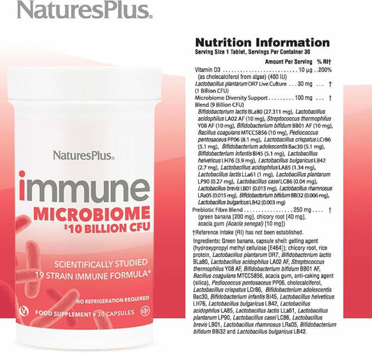 Naturesplus Immune Microbiome 10 Billion Cfu - Immune Support Probiotic Supplement -19 Strains, Prebiotics And Vitamin D3 - Vegan, Gluten Free - 30 Capsules