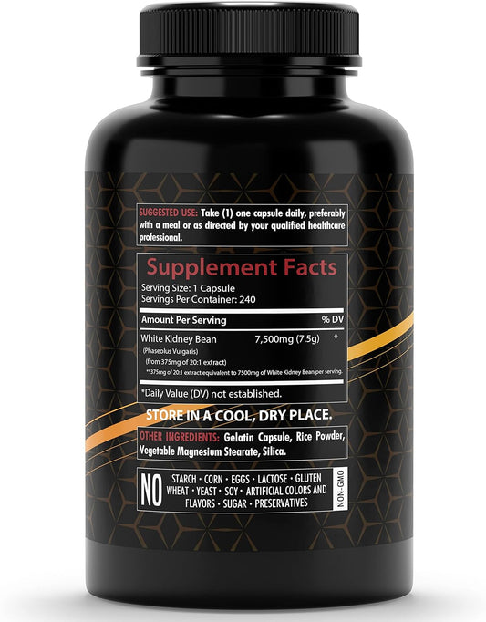 White Kidney Bean Extract Supplement, 7500Mg | 240 Veg Capsules | 20X Concentrated | Non-Gmo | Gluten-Free