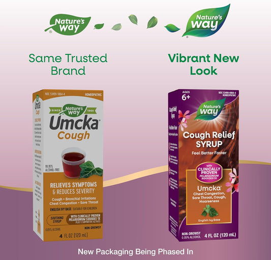 Nature'S Way Cough Relief Syrup, Umcka, Chest Congestion, Sore Throat, Cough, Hoarseness, Phenylephrine Free, Homeopathic, Non-Drowsy, 4 Fl Oz (Packaging May Vary)
