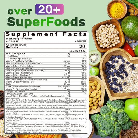 Super Greens Gummies, Greens Superfood Powder Alternative W/Spirulina, Chlorella, Prebiotic Fiber, Probiotic, Fruit Veggie, Daily Greens Vegetable For Digestive & Gut Health, Immunity, Focus, 60 Cts