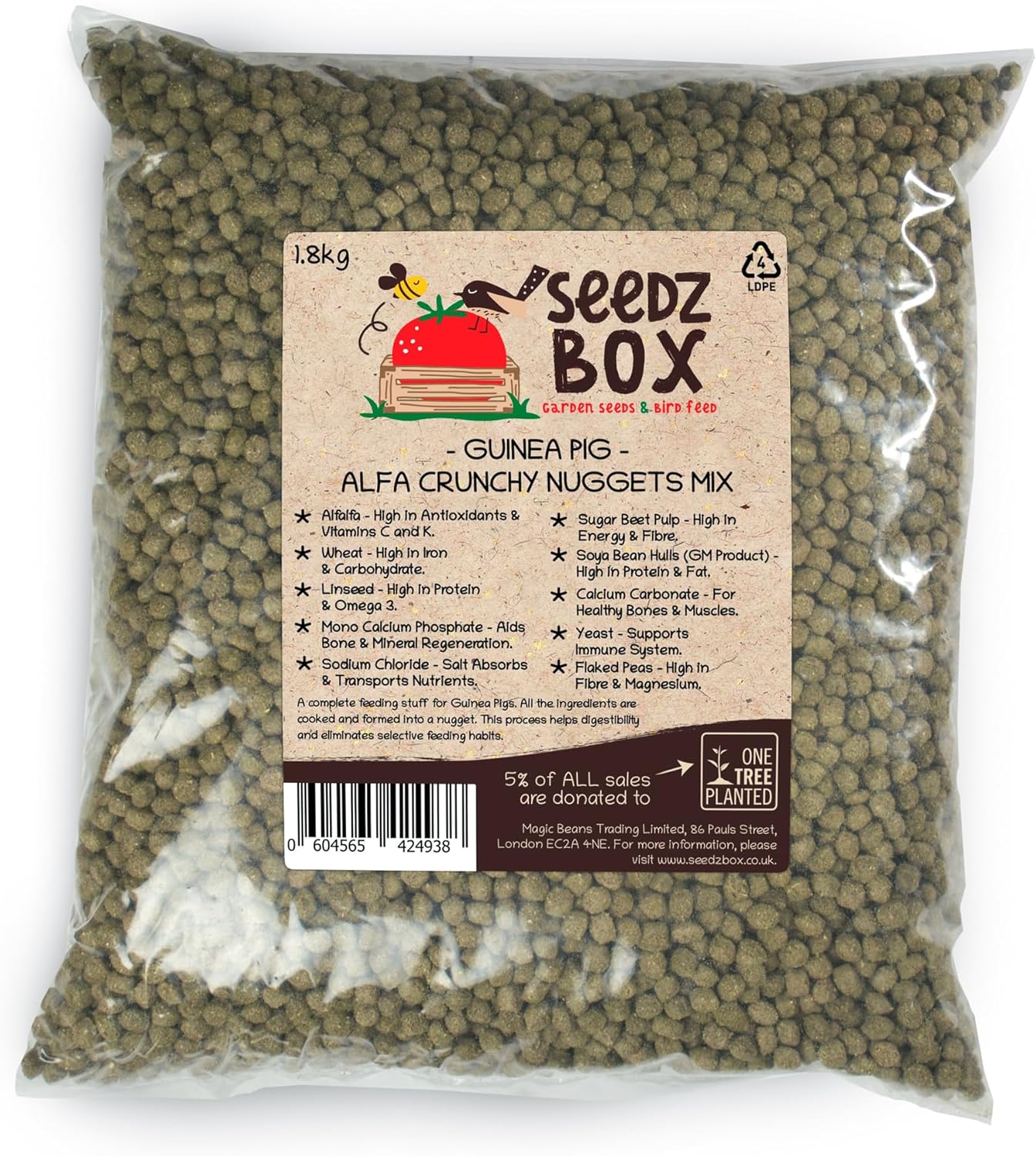 Guinea Pig Food 1.8Kg - Crunchy Nuggets Feed Mix - Seedzbox Deluxe Guinea Pig Nuggets - Curbs Selective Eating Habits - Alfalfa Wheat And Linseed - High In Vitamin C And Calcium