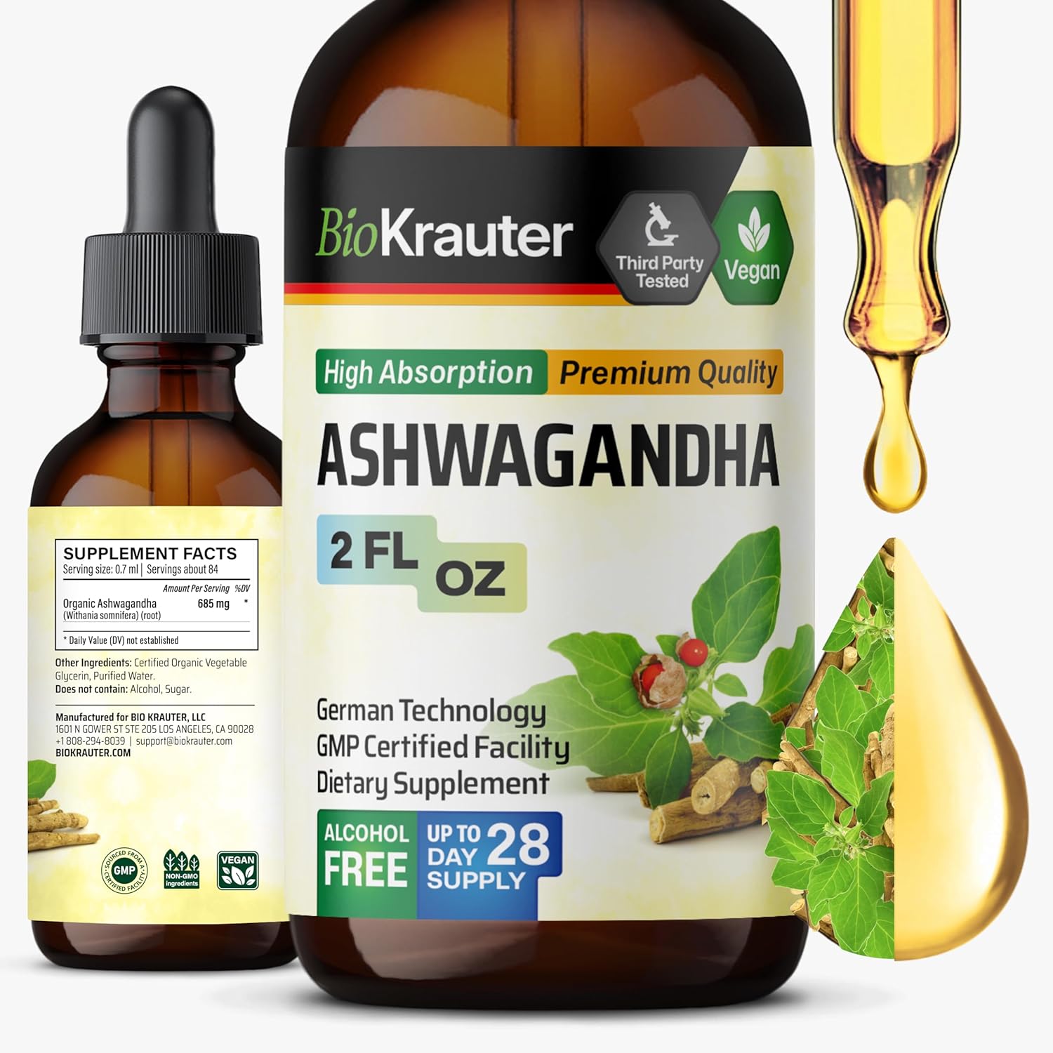 Bio Krauter Ashwagandha Liquid Drops - Ashwagandha Supplements For Calmness - Vegan Mood Support Drops - Alcohol & Sugar Free - 4 Fl.Oz