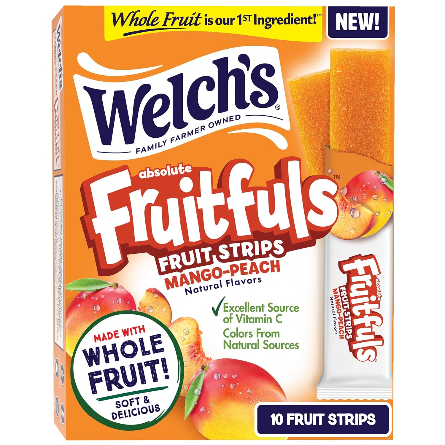 Welch’S Absolute Fruitfuls Fruit Strips, Mango Peach Flavored Fruit Leather, Tasty Dried Fruit Snacks For School Lunches, Mango Peach, 0.5Oz (Pack Of 10)