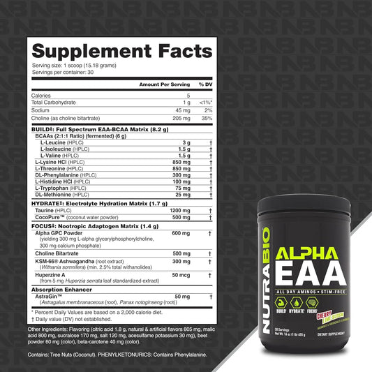 Nutrabio Alpha Eaa - All-Day Amino Acids For Muscle Growth And Hydration - Essential Amino Acids With Nootropics & Adaptogens- Full Spectrum Eaa Bcaa Powder - 30 Servings - New York Punch